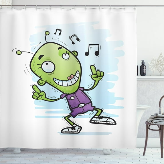 Smile Shower Curtain, Funny Monstrous Alien Caricature Dancing to the Music, Fabric Bathroom Set with Hooks, 69W X 84L Inches Extra Long, Pale Green Baby Blue Violet Charcoal Grey, by Ambesonne