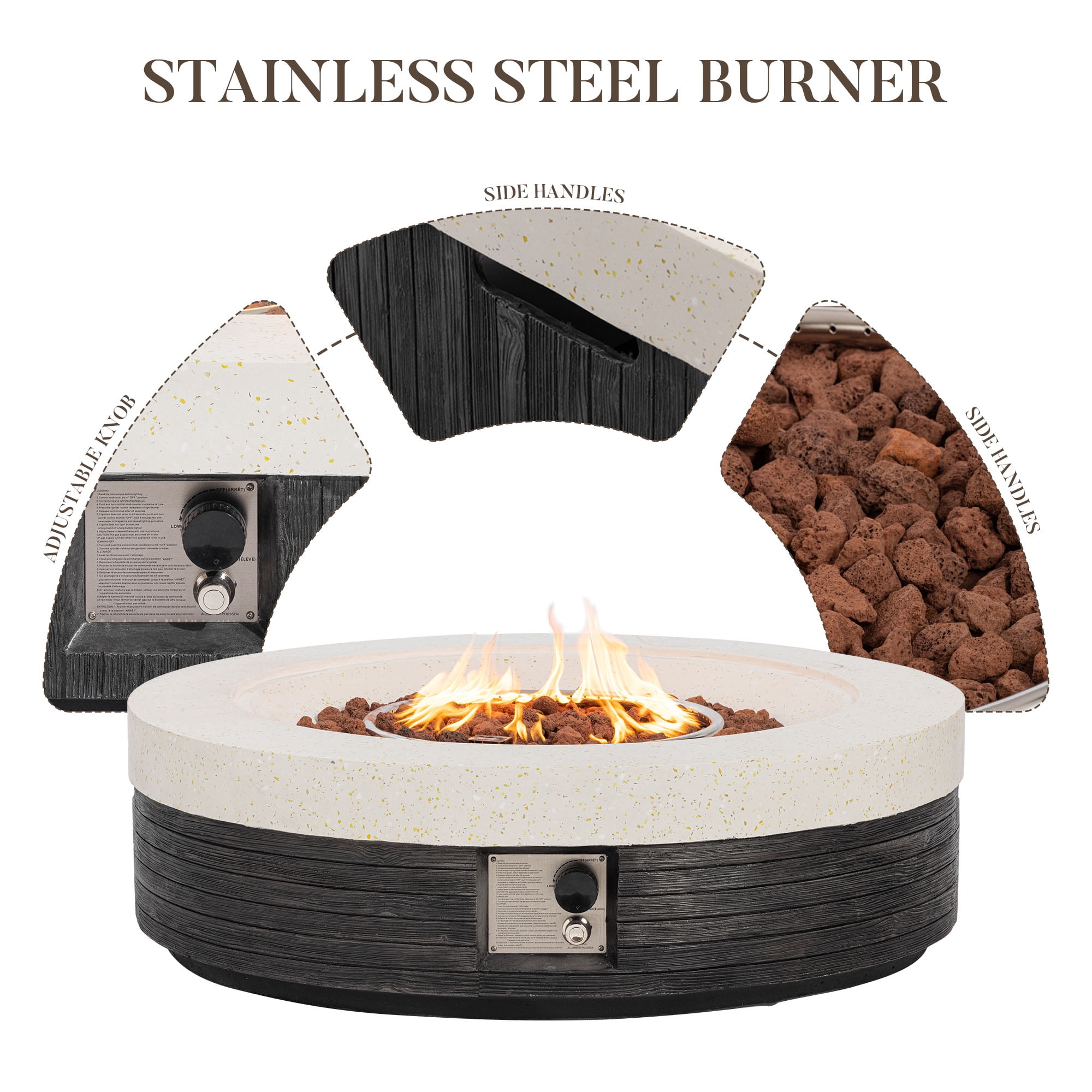 VENTOPYR 41" Round Dual-Texture Concrete Fire Pit Table with Cover & Lava Rocks​​