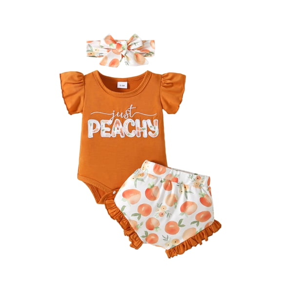 Okbabeha Newborn Baby Girl Summer 3Pcs Clothes Set Just Peachy Embroidery Rib Romper Ruffle Shorts Cute Bow Headband Onesie