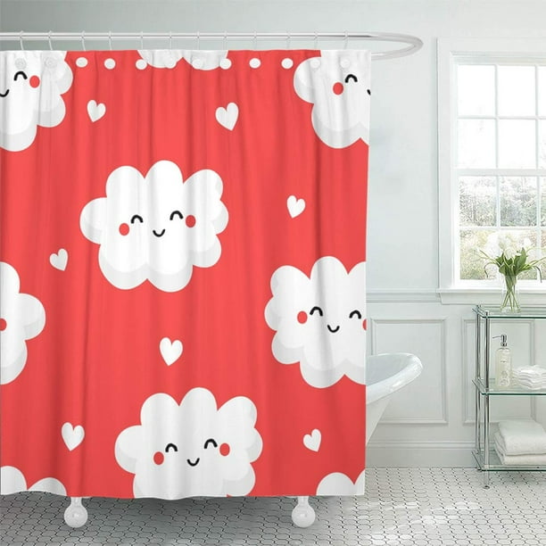 Pknmt Bright With Cute Clouds And Hearts On Red For Children S Flat Style Cartoon Day Waterproof Bathroom Shower Curtains Set 66x72 Inch Com Waterproof Bathroom Shower Curtains, Childrens Shower Curtains