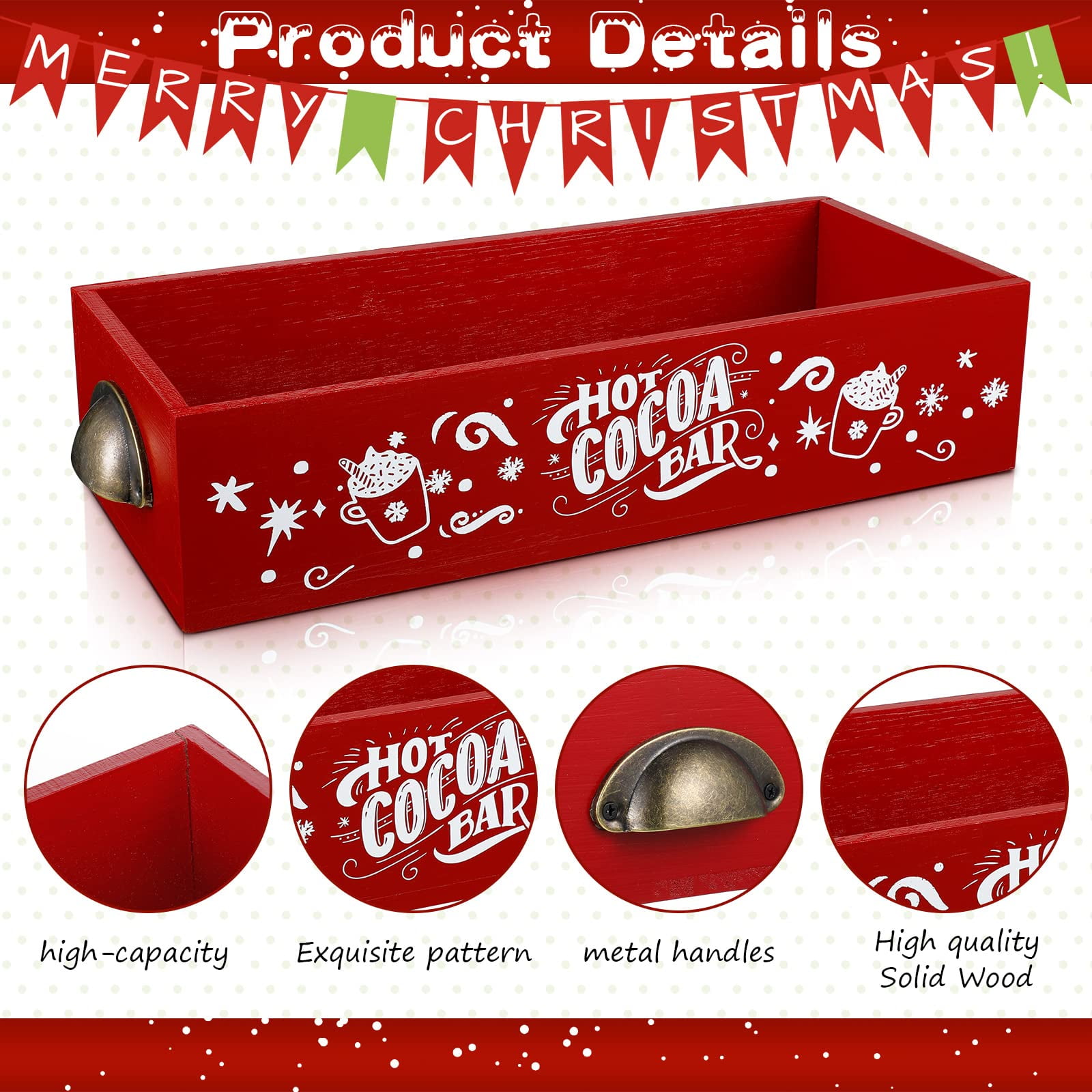 Geetery Christmas Hot Cocoa Bar Wood Station Organizer Countertop with 4  Compartment Cocoa Decorative Storage Bins Vintage Open Holder Box for Xmas