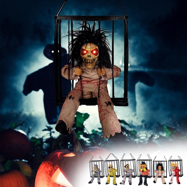 Xihbxyly Jaula de Prisionero de Halloween, Decoración de Calavera Luminosa, Juguete Que Grita Activado Por Movimiento, Prisionero Aterrador de Ojos Rojos, Accesorio para Casa Embrujada, Decoración de