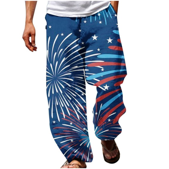 Honeeladyy Men Summer Casual Fashion Independence Day 3D Printing Elastic Waist Straight Trousers Hiking Pants for Men