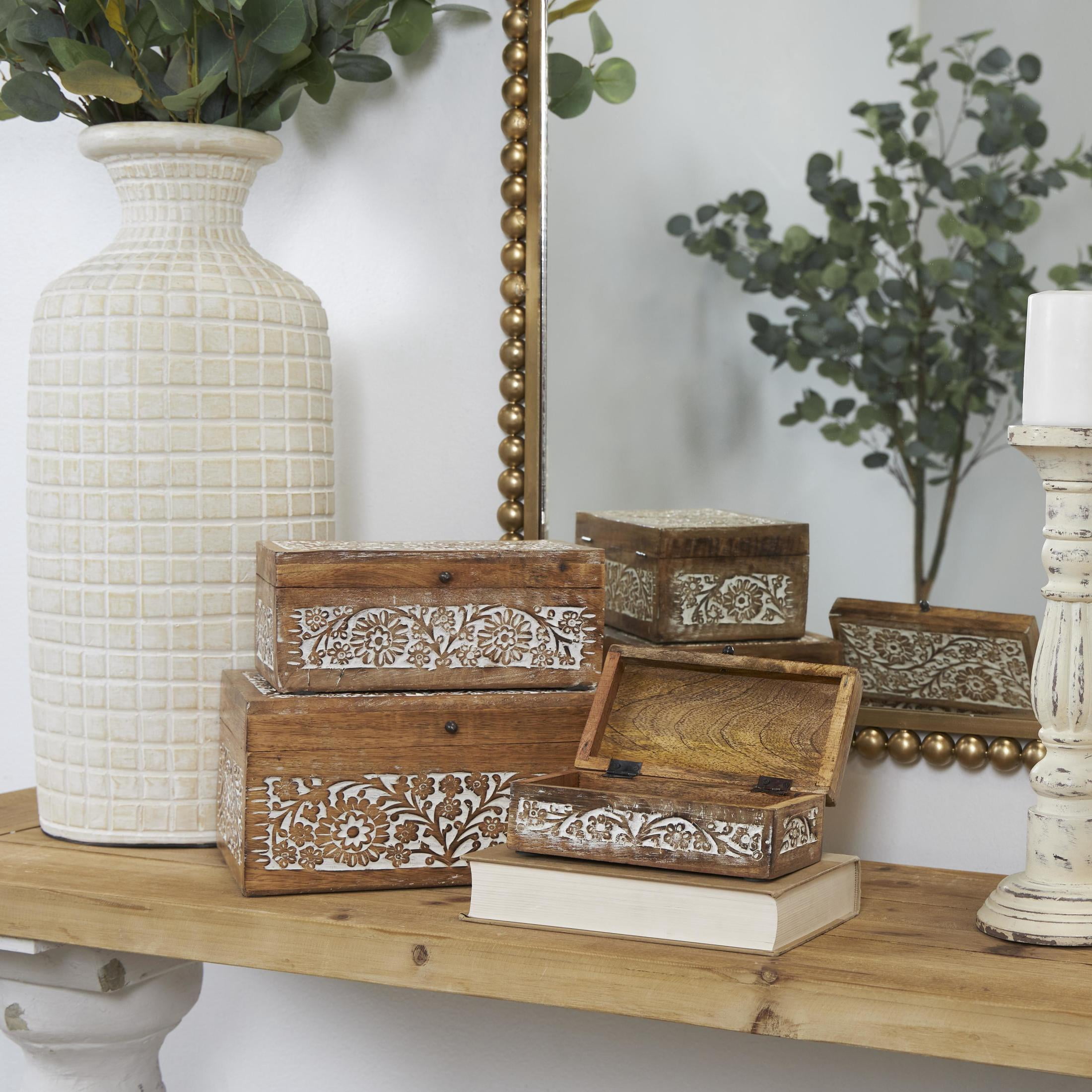 DecMode Coastal Carved Flower Wooden Decorative Box with Natural Brown Finish, Set of 3 8" , 10", 12"H