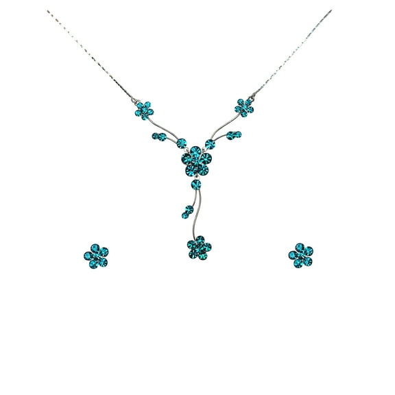 Faship Stunning Malibu Blue / Teal Rhinestone Crystal Floral Necklace Earrings Set