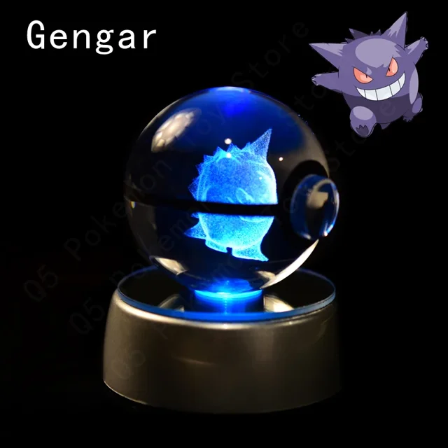 3D Pokemon Crystal Ball 8CM 5CM Mewtwo Pikachu Gengar Crystal Glass Pokemon Ball Pokeball Figure Night Light LED Lamp Base Gift