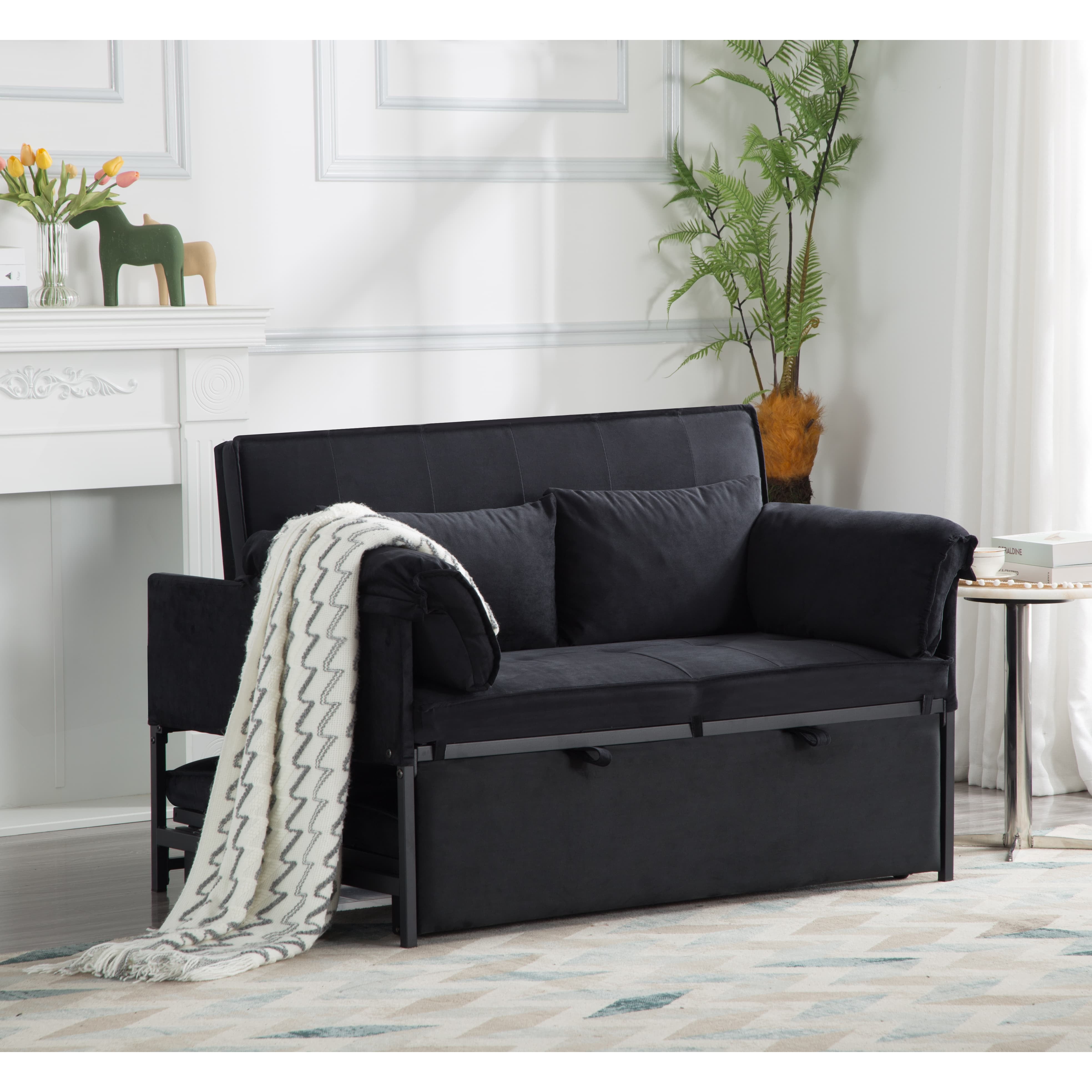 BSHTI Fold out Sleeper Sofa Bed,Durable Metal Frame,Velvet Upholstery,Conversion Sofa With 5 Adjustable Reclining Positions,Movable Arm Cushion Twin Bed,Black