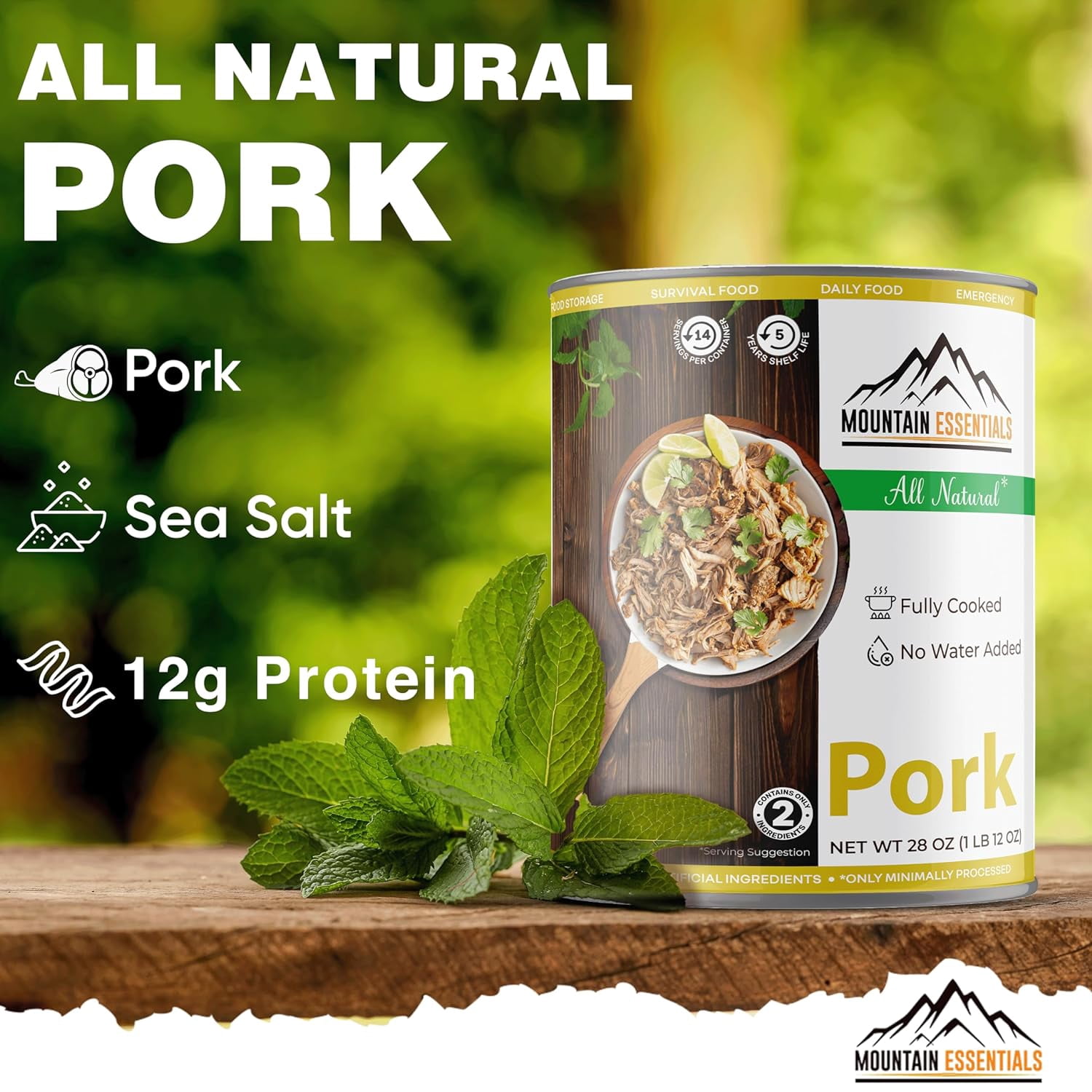 Mountain Essentials All Natural Canned Pork 28 oz, Fully Cooked Ready to Eat, Premium Meat for Emergency Survival, Camping, Food Storage, pack of 6