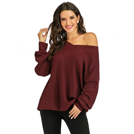 Wine Sweater LELINTA Autumn Winter Women's Off the Shoulder Slouchy Sweatshirt Off the Shoulder Baggy Sweater Pullover Off Shoulder Tops for Women, Black/ Wine Red, S-2XL ()