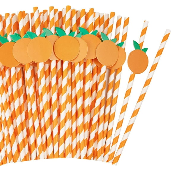 Orange Straws 50pcs Disposable Striped Paper Straws Citrus Themed Party Decorations  0.24X7.75in