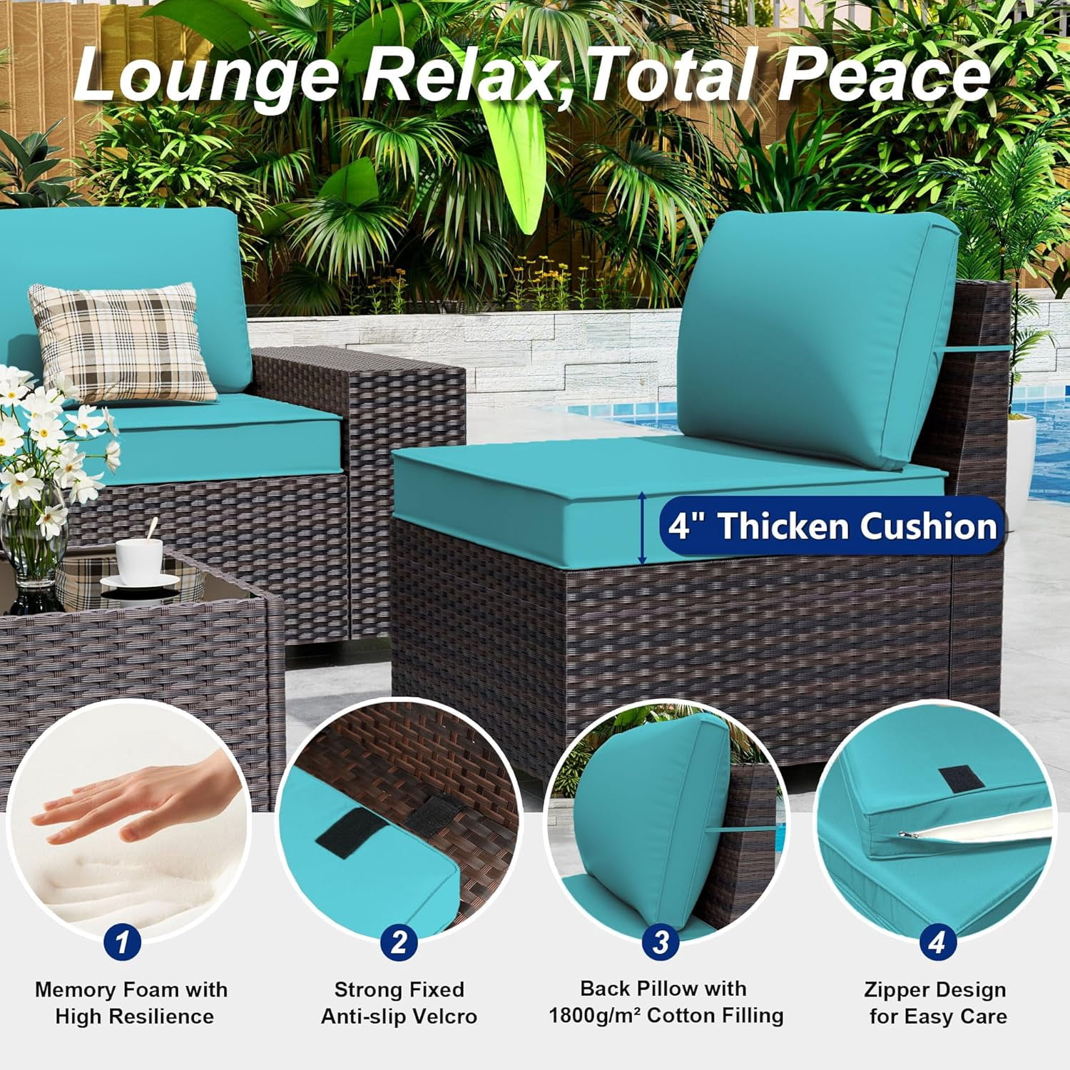 ASJMR 6 Pieces Patio Outdoor Furniture Set All-Weather Rattan Wicker Conversation Outside Sectional Sofa Chair Set with Cushions & Coffee Table,Green