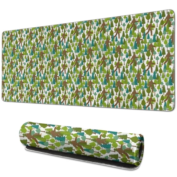 Long Mouse Pads for Desk,Green Bigfoot and Tree Pattern Desk Mats on Top Of Desks, Desk Mouse Pad Extra Large with 3mm Non-Slip Base and Stitched Edge for Gaming,Office,Work,Home 31.5"x11.8"