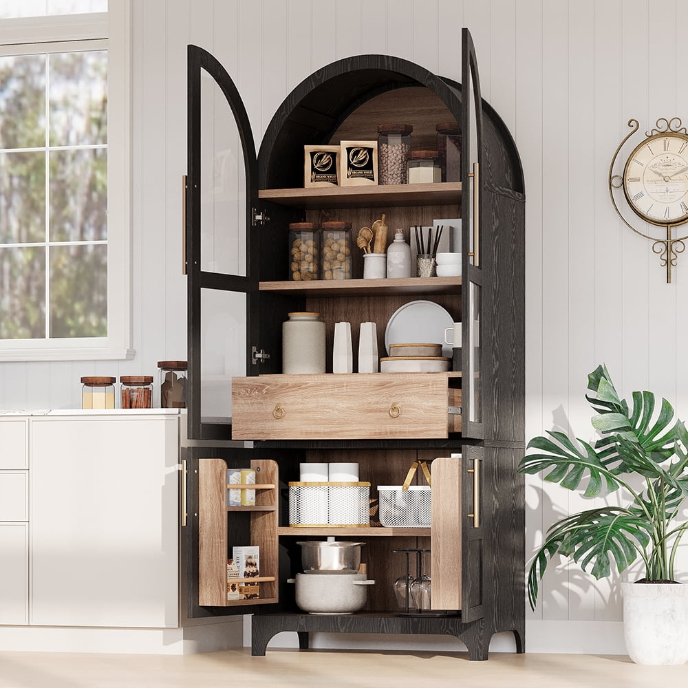 MIDOQIN 71" Tall Arched Kitchen Pantry Cabinet, Farmhouse Storage Cabinets with Adjustable Shelves, Hidden Drawer & Glass Door, Versatile Cupboard