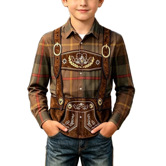 Falkdiz Boys Denim Style Shirts Plaid Long Sleeve Button Up Vintage Casual Graphic Stylish Tops for Boys,Brown,Size: 2