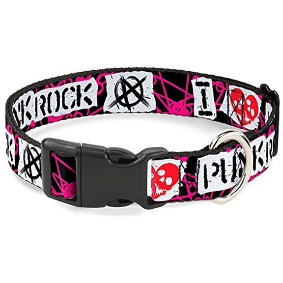 Buckle-Down Pet Collar, Dog Collar Plastic Buckle, I Heart Punk Rock Safety Pins Black Fuchsia White, 7 to 8.5 Inches 0.5 Inch Wide