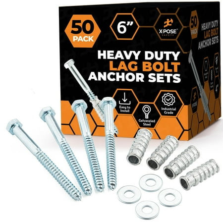 Concrete Anchors Set with 6  Lag Bolt  Lag Shield and Washer - 50 Sets per Pack - 1/2  Bolt Lag Screws 6-Inch for Parking Curb Stop - Galvanized Steel Lag Bolts