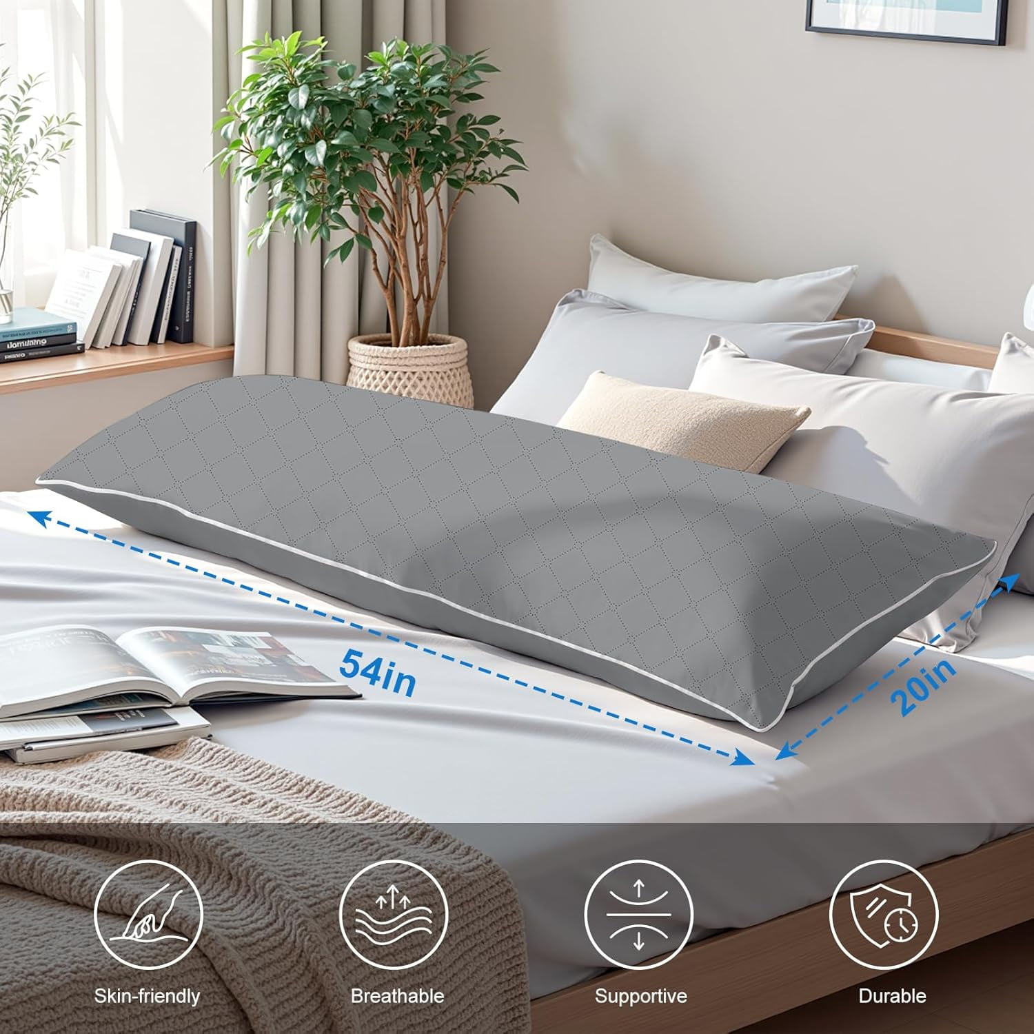 Galenzoov 20x54 Long Body Pillow for Adults - Firm Body Pillow Insert with Shredded White Memory Foam, Soft Support for Side Sleeping, Pregnant Women, Washable Grey