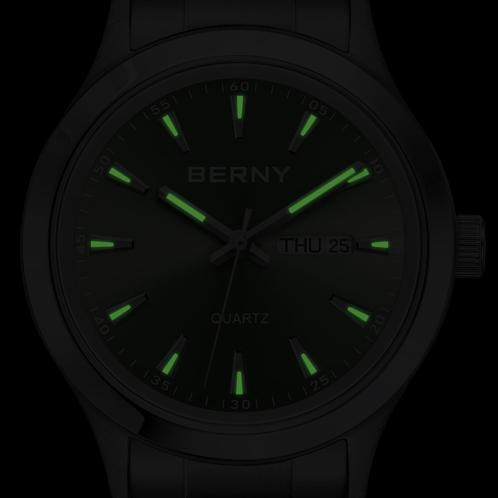 BERNY Quartz Watch for Men, Fashion Sports Wrist Watches with Solid Stainlesss Steel Case & Band, Date & Day Calendar, Casual Waterproof Men's Watches, Green