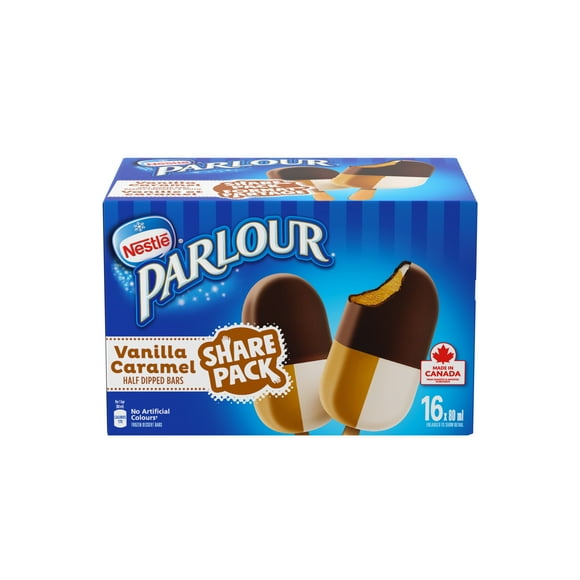 Barres Vanille et caramel, des barres de desserts glacés à la vanille onctueuse et au caramel sucré, à moitié enrobées d’une couche chocolatée, confectionnées au Canada sans colorants artificiels 1.3 L