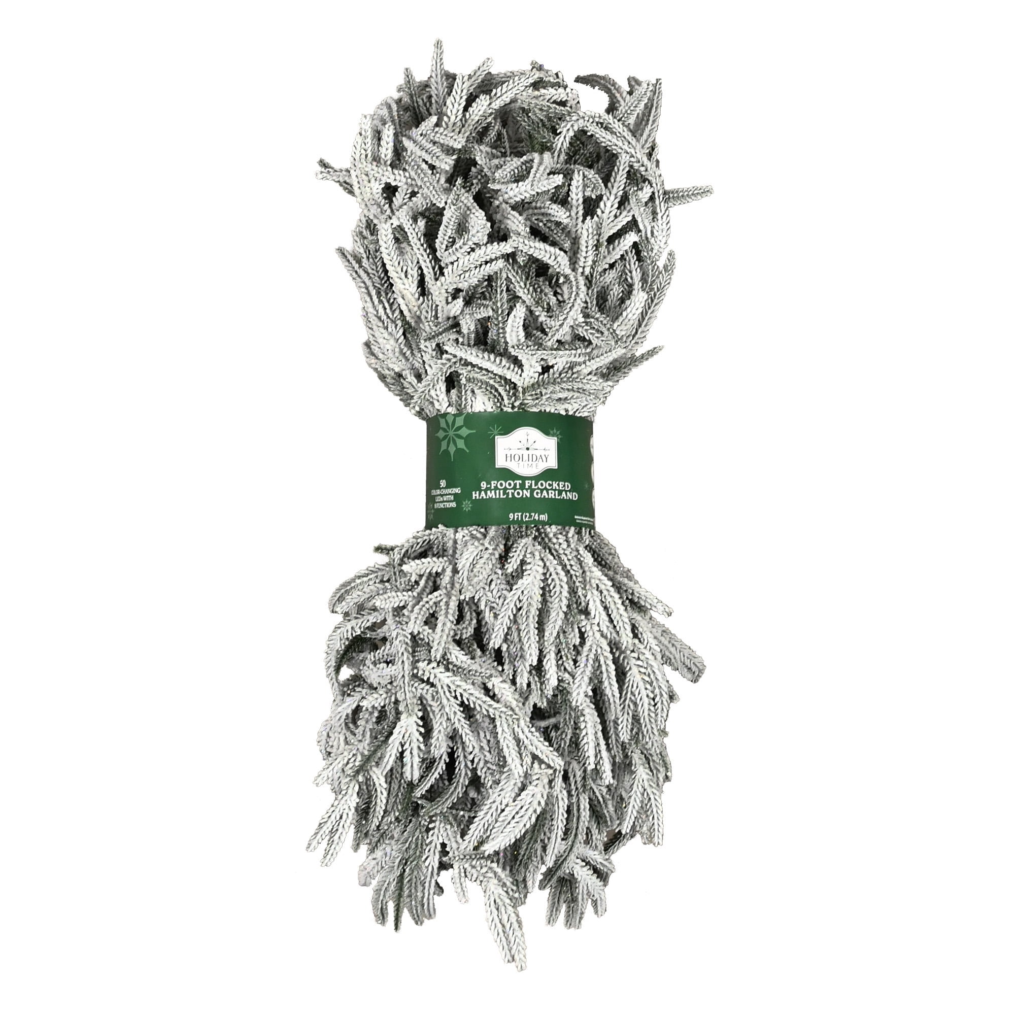 Snow-Flocked Hamilton Pre-Lit Color-Changing LED Artificial Christmas Garland, Green, 9', by Holiday Time