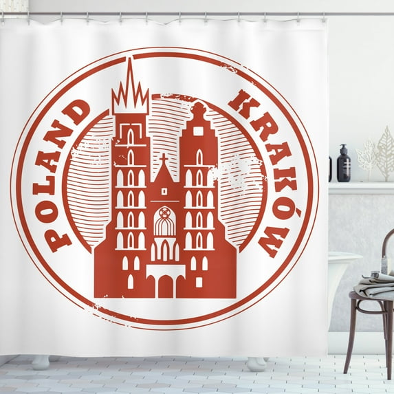 Polish Shower Curtain, Grunge Emblem Inspired Pattern with Typographic Specifics Poland Symbolic, Fabric Bathroom Set with Hooks, 69W X 70L Inches, Paprika and White, by Ambesonne