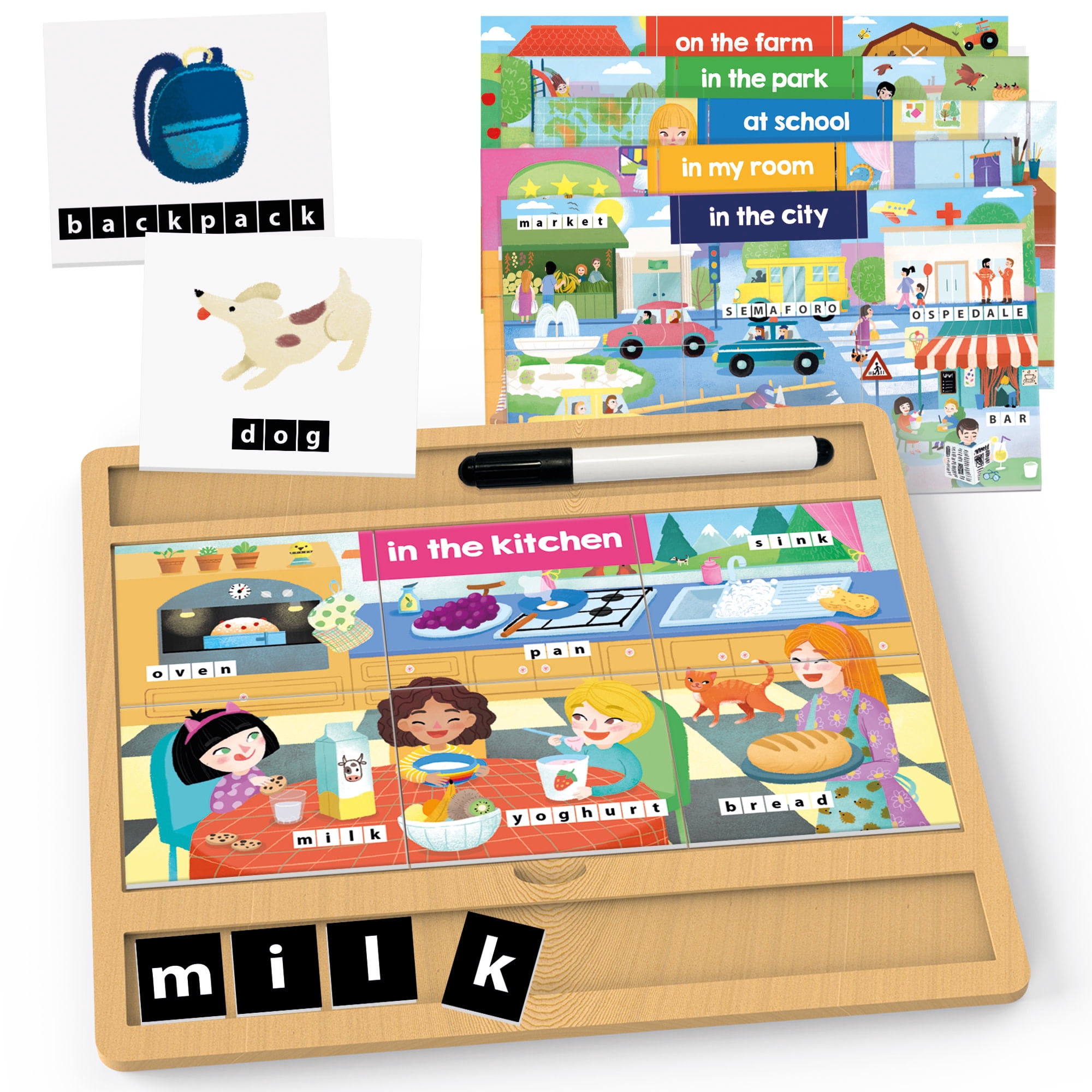 Headu: First Writing Encyclopedia Montessori - Wooden Letter Tracing Board, Dry-Erase Writing Practice, Modular Lexical Scenes, ABC Tiles, Kids 3-6
