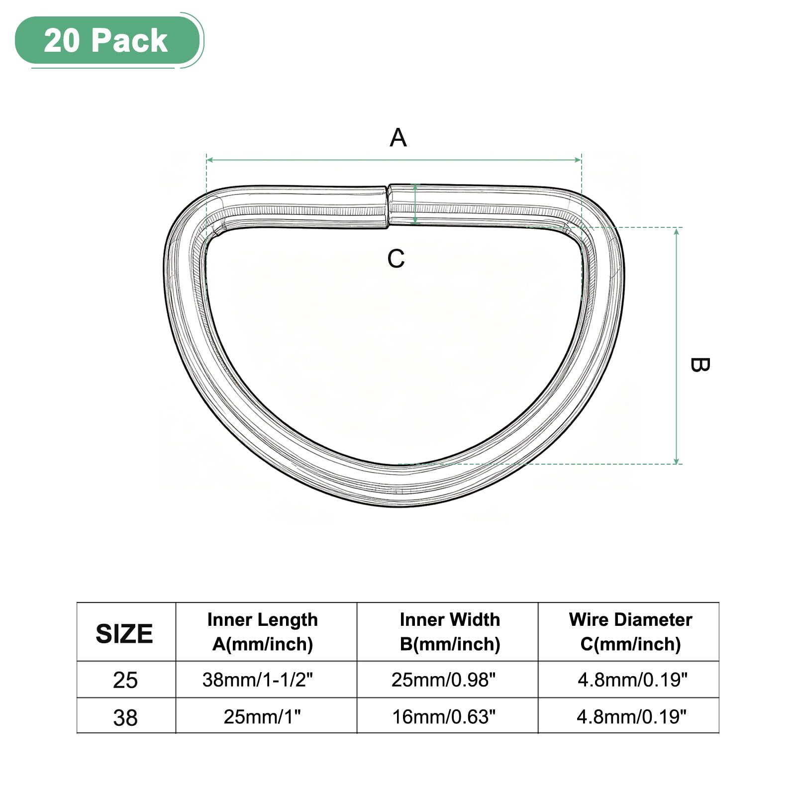 Uxcell 20-Pack D-Rings Buckle, 1-1/2 Inch Iron Non-Welded Dee Rings Metal Buckle for Purse/Aprons/Belts/Pet Collars, Semi-Circular D Ring Hardware [Silver Gray]