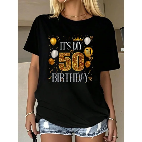 Fabulous 50th Birthday Shirt Fifty and Awesome Celebration Party Graphic Tee Glitter Gold Crown Design Unisex Adult Apparel