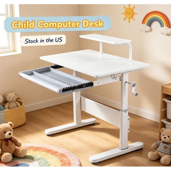 Fompes Adjustable Height Standing Desk,White Child Computer Desk,39 Inch Wide Kids Desk with Bookshelf Hutch,50-Degree Tiltable Desktop