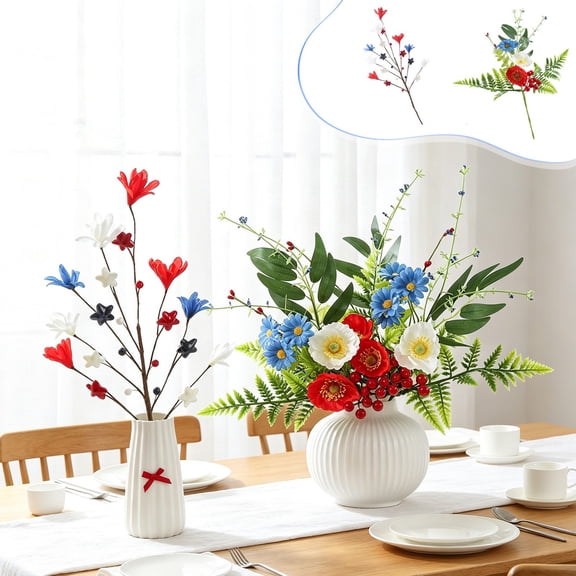 FEOLGEHLY 4th of July Decorations, Red White Blue Independence Day Artificial Flowers Outdoors UV Resistant, 15.8" Bendable Silk Fake Flower Stem, Independence Day Veterans Day Home Party Decor