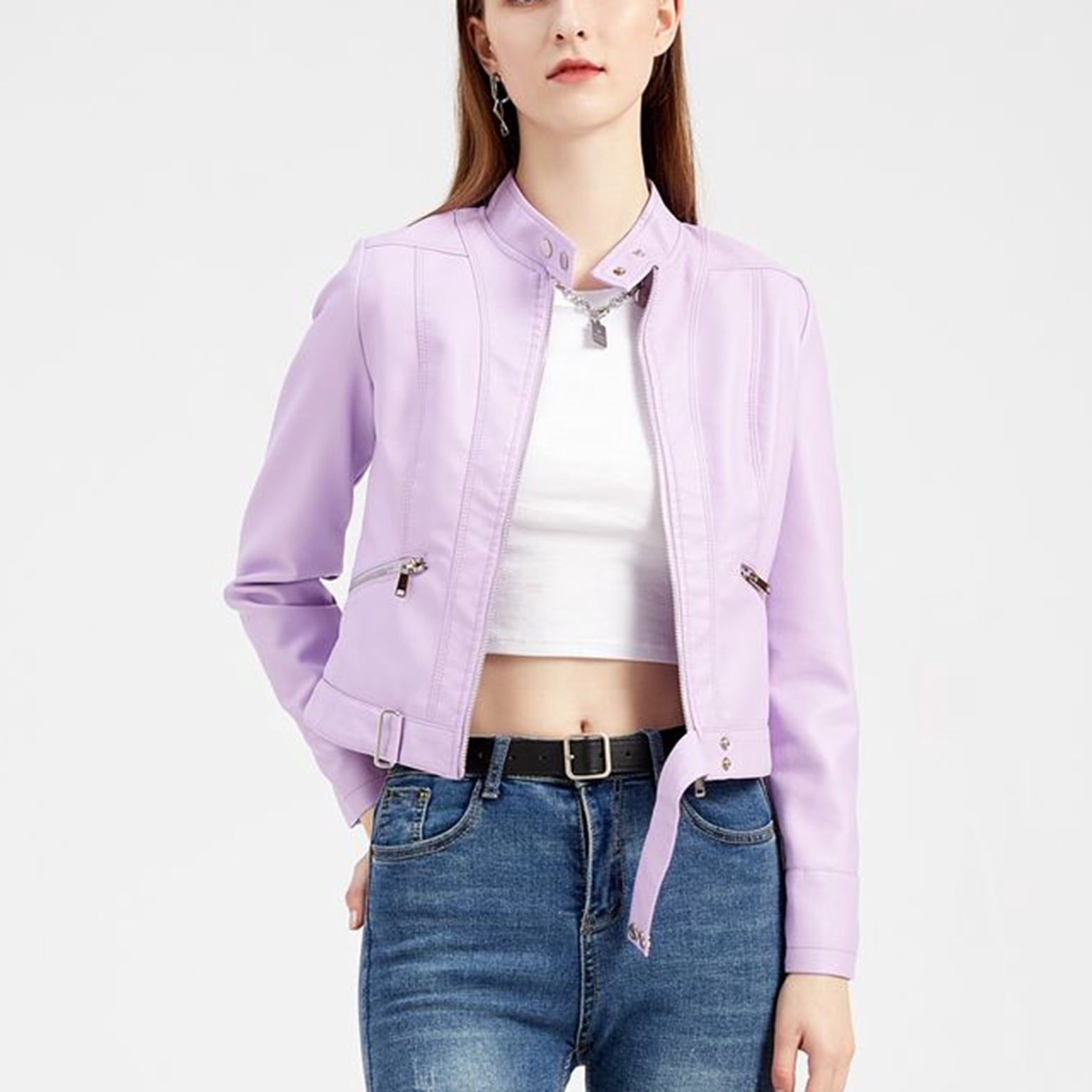 Defitshape Women's Faux Leather Jacket Winter Fashion Crop Moto Jackets & Coats Long Sleeve Fall Top Mock Neck Zipper Pocket Full Zip Short Jacket Pink X-Large