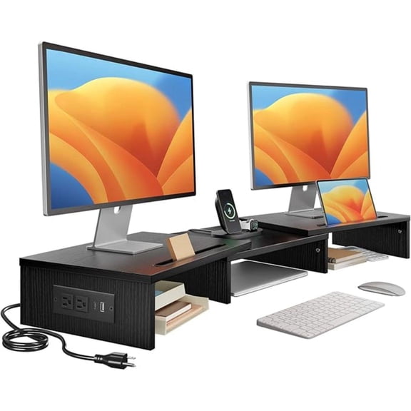 Dual Monitor Stand -Monitor Stand with USB ports ,Adjustable Length and Angle, Dual monitor riser w/ Desktop Socket, Monitor Stand Riser for PC, Computer, Laptop (Black)