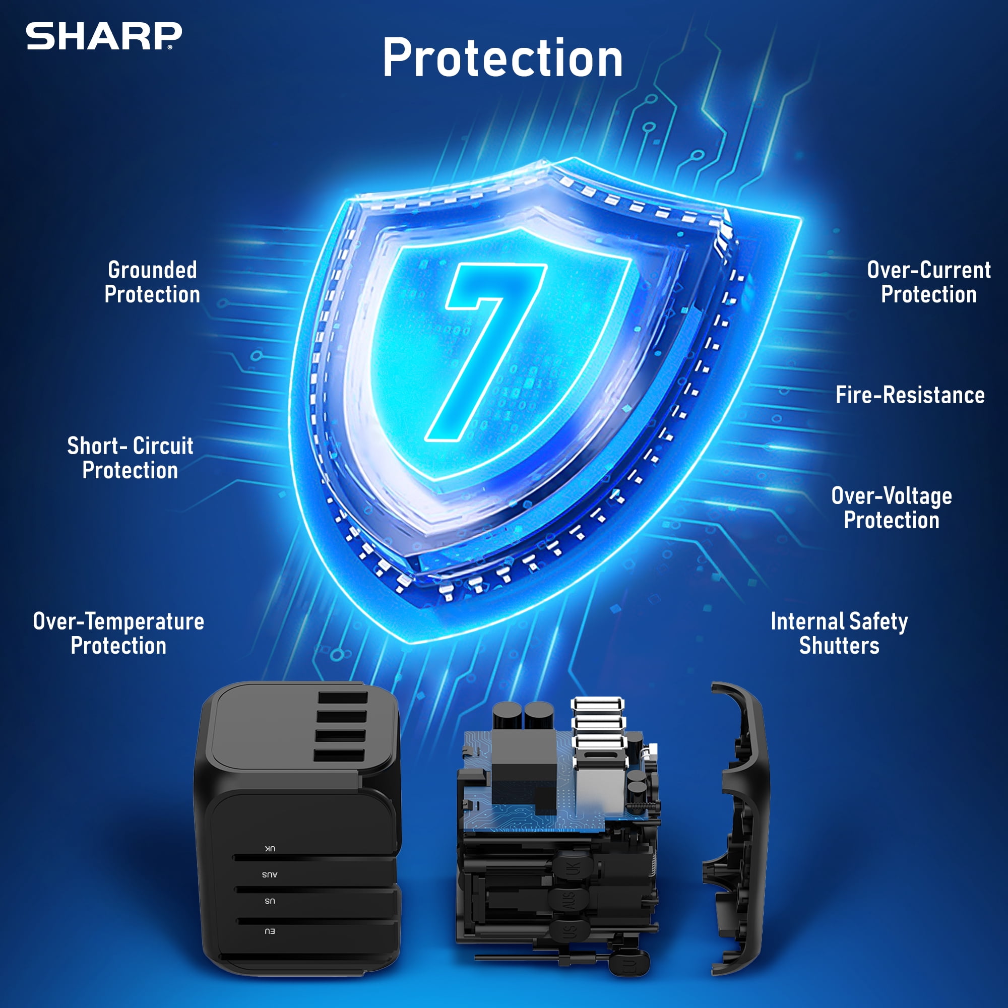 SHARP Travel Plug Adapter with Short-Circuit Protection