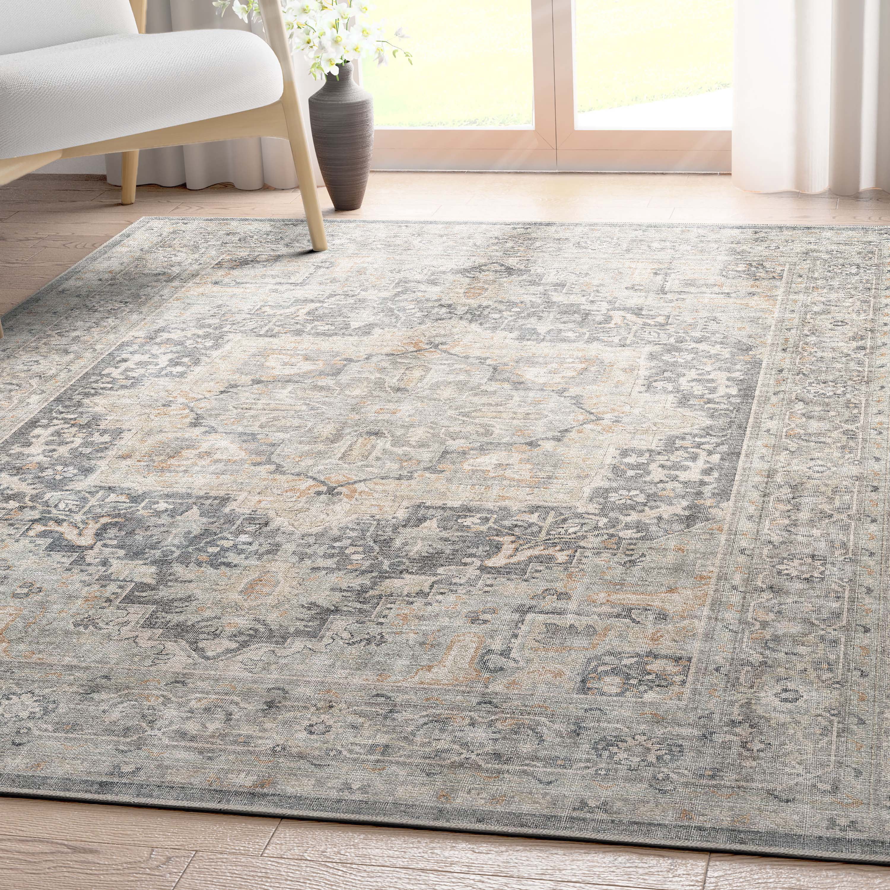 Well Woven Apollo Tirana Vintage Medallion Light Grey Flat-Weave Easy to Clean 7'7" x 9'10" Area Rug
