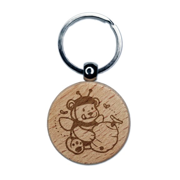 Hungry Honey Bear with Bee Hive Round Keychain Charm Tag - Engraved Wood