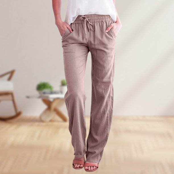Pantalones De Verano Pantalones cómodos de lino y algodón con bolsillos y cordón para mujer, atuendo diario holgado Kuymtek Caqui Xxl para Mujer