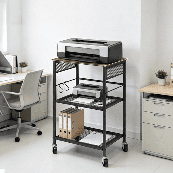 OUTMASTER 3-Tier Printer Stand with Storage, Rolling Printer Cart for Home Office, Black & Brown