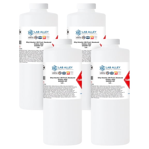 Lab Alley Denatured Ethanol 200 Proof, Kosher & Halal Certified, GMO-Free Ethyl Alcohol for Laboratory & Industrial Use,  Pack of 4 x 1 Quart Bottles