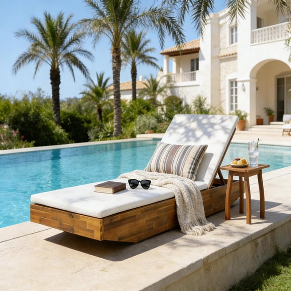 Christopher Knight Home Boat-Shape Patio Chaise Lounge Chair with 2-Fold Thin Cushion, 3-Position Recliner, Teak Cream