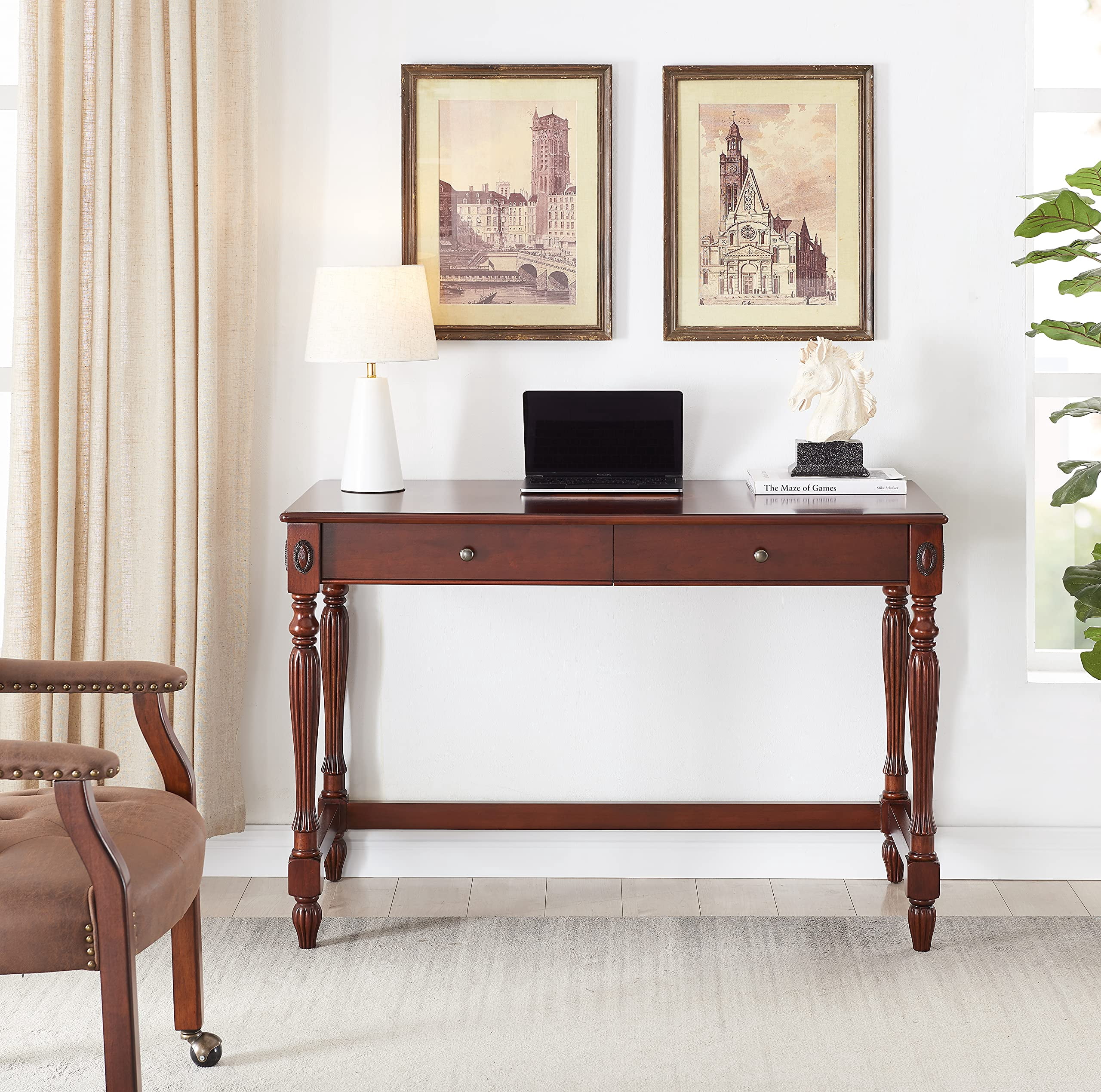 JESONVID Solid Wood Computer Writing Desk with 2 Big Drawers 46.1" Wide Home Office Desk Workstation Big Rustic Study Table Furniture in Cherry for Home Office Bedroom Living Room, BSZ-1533WD