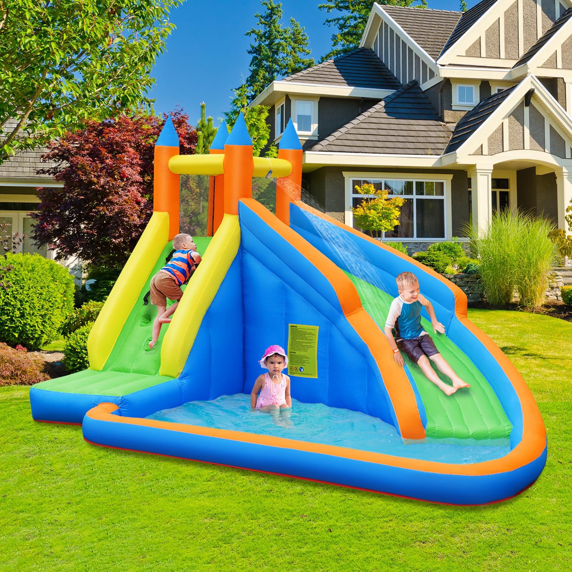 Goplus Inflatable Water Slide Mighty Bounce House Castle Moonwalk Splash Pool with 735W Blower