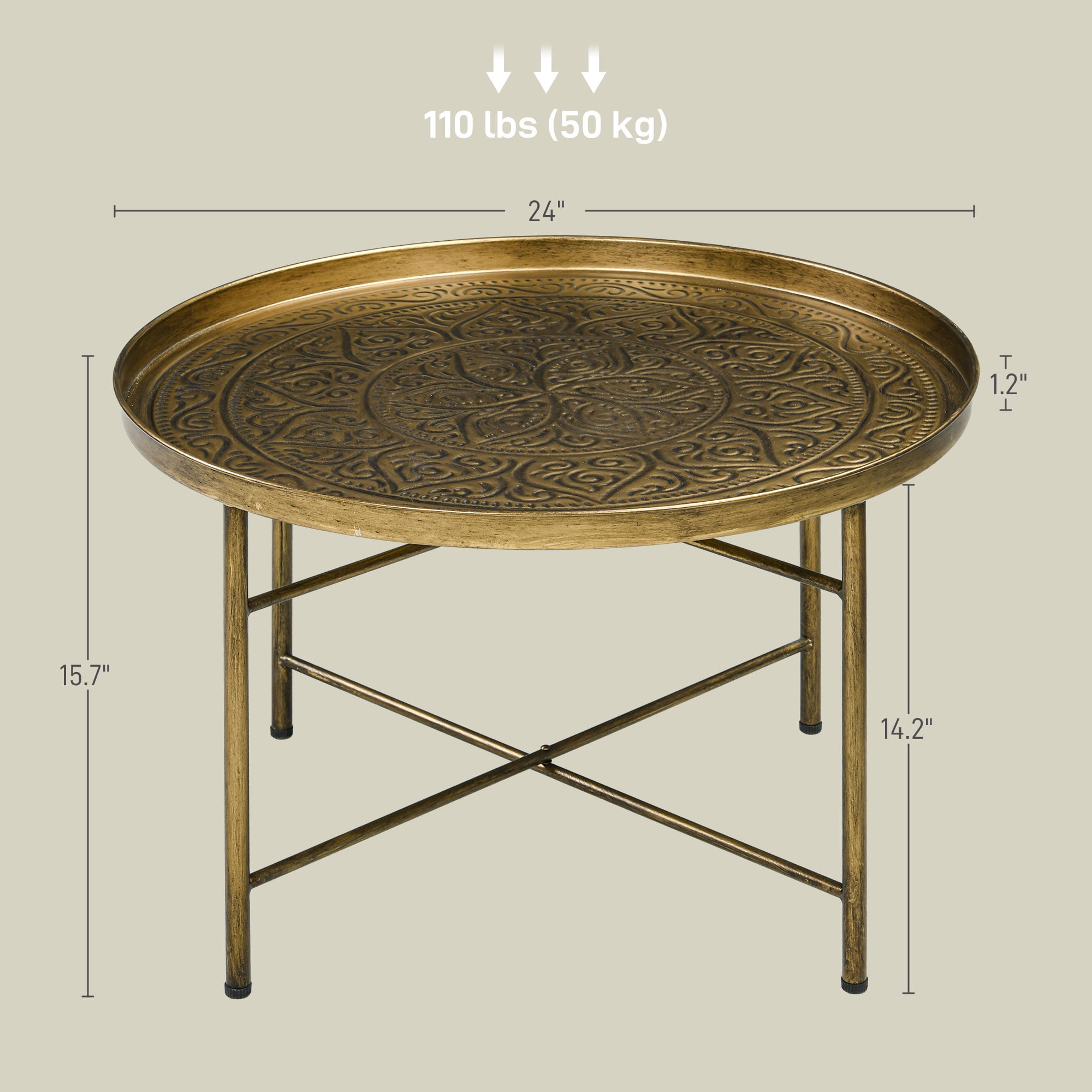 HOMCOM 24" Round Coffee Table with Hammered Tray Top & Metal Frame, Gold