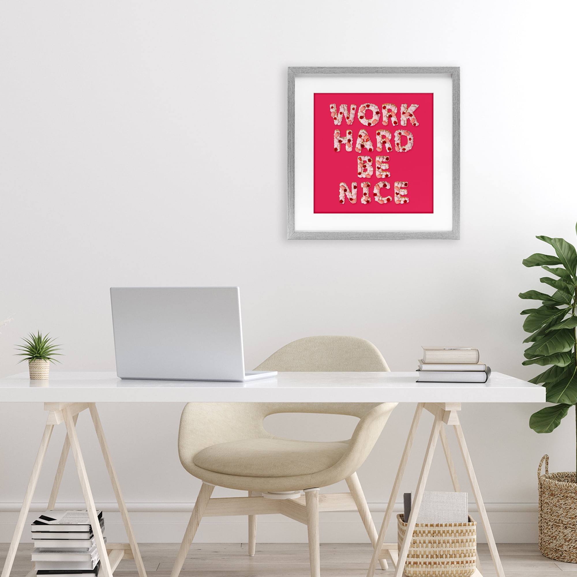 Work Hard Be Nice Gray Framed Print Under Glass, design by LISH Creative