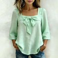 thumbnail image 2 of Linen Tops for Women Bow Tie Front Neck 3/4 Puff Sleeve Casual Blouse Loose Fit Soft Summer Daily Tops by Yigetop Green L, 2 of 6