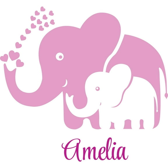 Personalized Name Vinyl Decal Sticker Custom Initial Wall Art Personalization Decor Childrens Girl Bedroom Baby Nursery Room Elephants Pink 16 Inches X 16 Inches