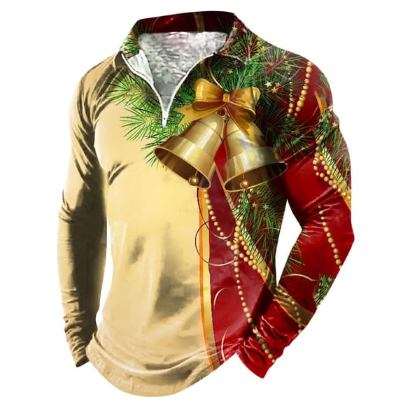 Mens Christmas Polos Tops Zipper Lapel Long Sleeve Christmas Full Print Mens Graphic T-Shirts,Beige,M