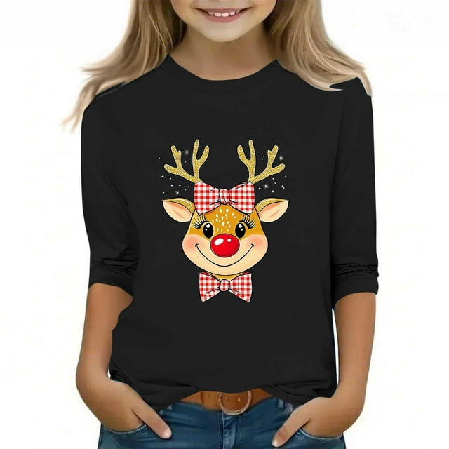 Children's Christmas Print Three-Quarter Sleeves/Crew Neck Top and Bottom