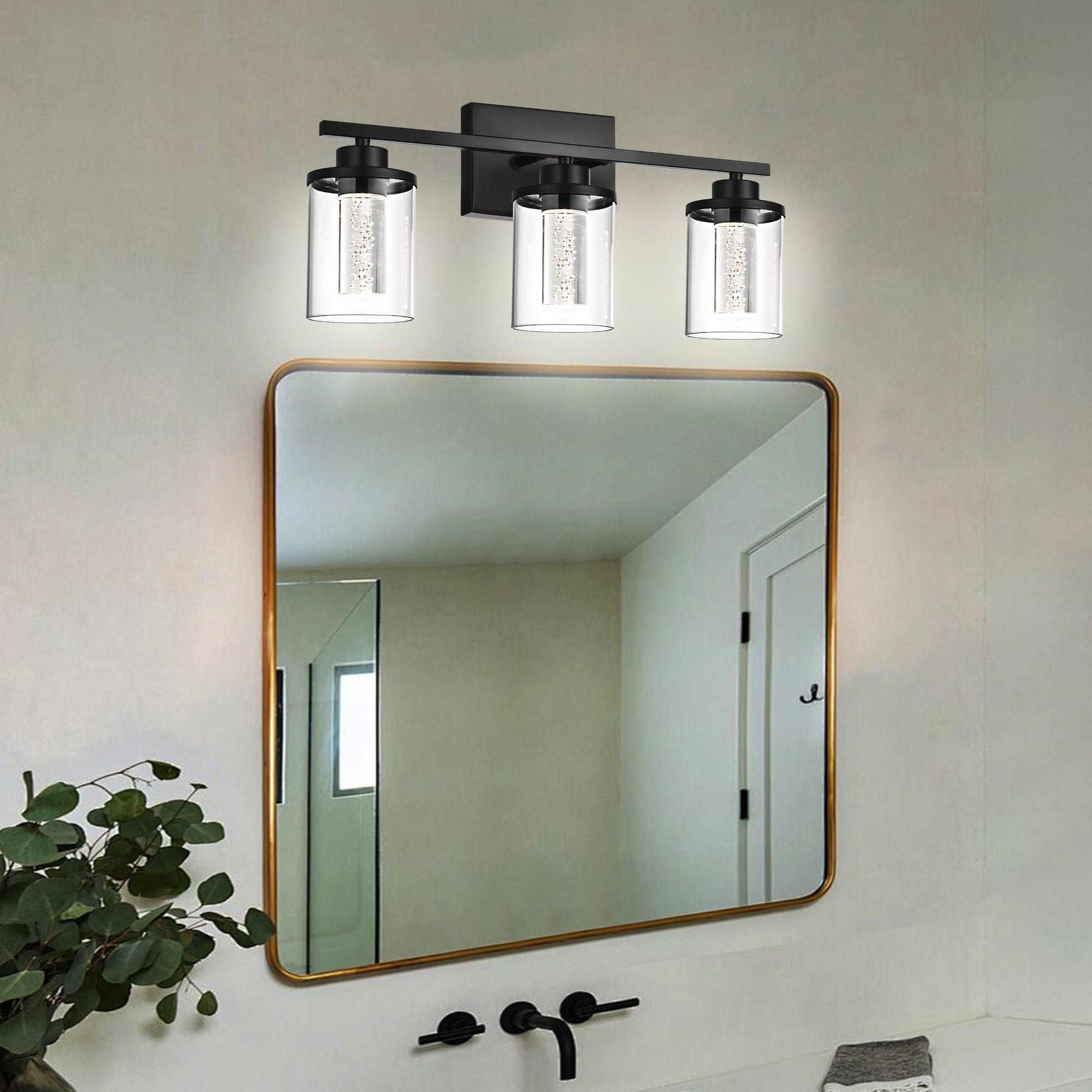 Melucee 5CCT Dimmable LED Black Vanity Lights 3-light, Modern Vanity Lighting Fixtures with Crystal Light Columns and Clear Glass for Bathroom Bedroom