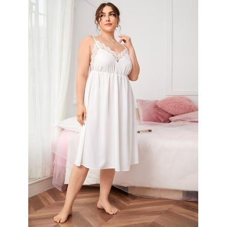 

Women s Plus Embroidery Mesh Detail Slip Nightdress 0XL(12) White Elegant F22001D