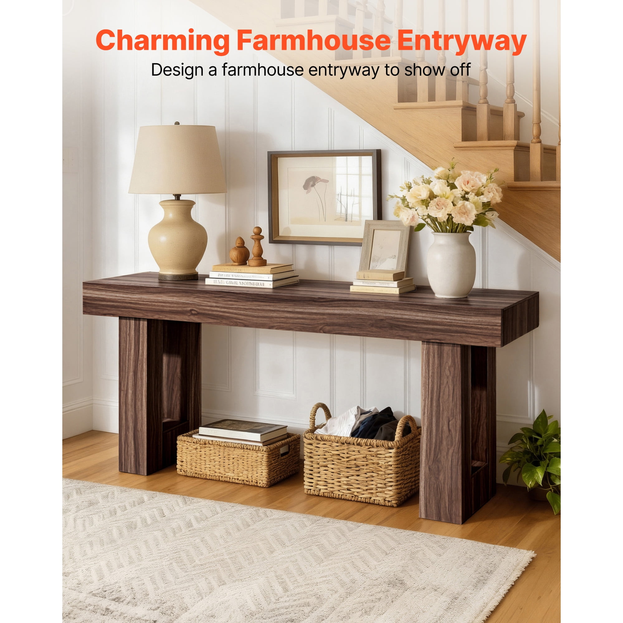 KFFKFF 63-inch Console Table, Wooden Rectangular Entryway Desk, Farmhouse-Style Sofa Table for Hallway, Bedroom, Living Room, or Foyer, Easy to Assemble, Brown